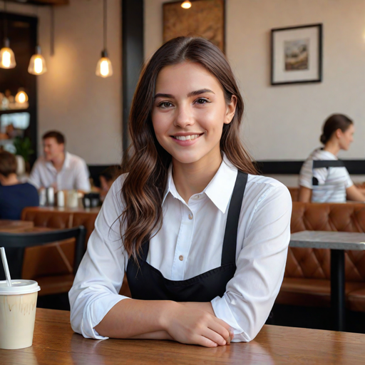 Chica de pelo castaño sonriendo en una cafetería.