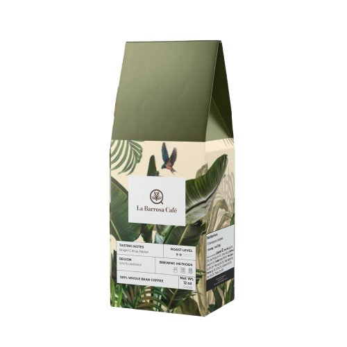 Envase de café Selva Escondida – Vista frontal y lateral Envase de café Selva Escondida, vista frontal y lateral, con diseño inspirado en la naturaleza.
