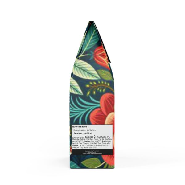 Envase de café Esencia Silvestre – Vista lateral Envase de café Esencia Silvestre, vista lateral, con información nutricional.
